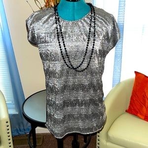 San Joy | Womens Short Sleeve Metallic Silver Open Back Blouse